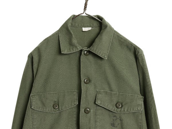 70s 米軍実物 USMC コットン サテン ユーティリティ シャツ M / 72年製 ヴィンテージ OG107 シャツ袖 4th 軍物 ミリタリー 海兵隊 オリーブ