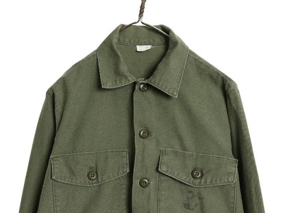 70s 米軍実物 USMC コットン サテン ユーティリティ シャツ M / 72年製 ヴィンテージ OG107 シャツ袖 4th 軍物 ミリタリー 海兵隊 オリーブ