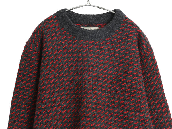 80s ノルウェー製 ★ エルエルビーン バーズアイ ニット セーター メンズ L 古着 ヴィンテージ ウール ノルディック 総柄 ツートン 濃灰 赤