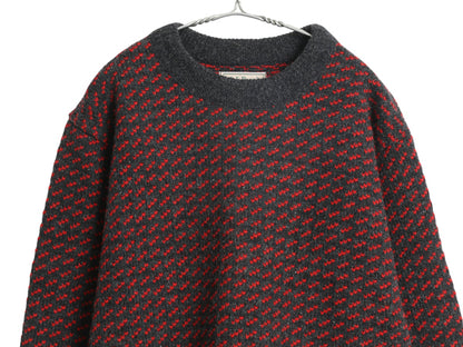 80s ノルウェー製 ★ エルエルビーン バーズアイ ニット セーター メンズ L 古着 ヴィンテージ ウール ノルディック 総柄 ツートン 濃灰 赤