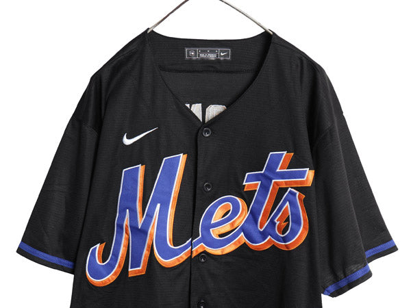 デッドストック メッツ ベースボール シャツ メンズ M MLB オフィシャル ナイキ 大リーグ ユニフォーム ゲームシャツ スウッシュ ブラック