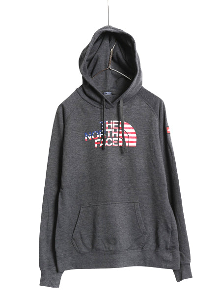 ノースフェイス プリント スウェット フード パーカー レディース М トレーナー プルオーバー 裏起毛 アウトドア 星条旗 トップス グレー