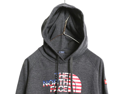ノースフェイス プリント スウェット フード パーカー レディース М トレーナー プルオーバー 裏起毛 アウトドア 星条旗 トップス グレー