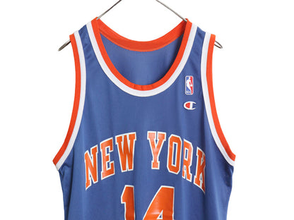 90s USA製 ニックス メッシュ タンクトップ メンズ XXL 程 オールド NBA チャンピオン ユニフォーム バスケ ゲームシャツ 大きいサイズ 青
