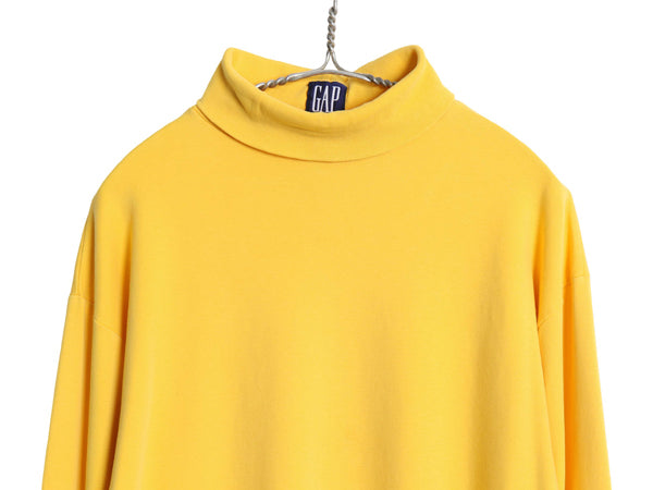 90s USA製 オールド ギャップ タートルネック 長袖 Tシャツ メンズ Ｍ 古着 ロンT スムース コットン ストレッチ ハイネック 無地 イエロー