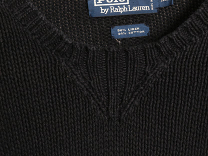 00s ポロ ラルフローレン ニット セーター メンズ XXL オールド リネン コットン ワンポイント クルーネック ポニー 刺繍 大きいサイズ 黒
