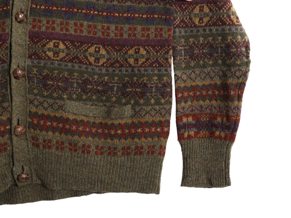 ポロ ラルフローレン フェアアイル ニット カーディガン メンズ L 古着 前開き 羽織り ウール ノルディック 総柄 ポケット付き カジュアル