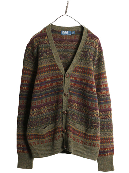 ポロ ラルフローレン フェアアイル ニット カーディガン メンズ L 古着 前開き 羽織り ウール ノルディック 総柄 ポケット付き カジュアル