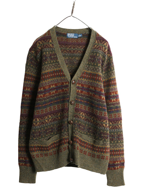 ポロ ラルフローレン フェアアイル ニット カーディガン メンズ L 古着 前開き 羽織り ウール ノルディック 総柄 ポケット付き カジュアル