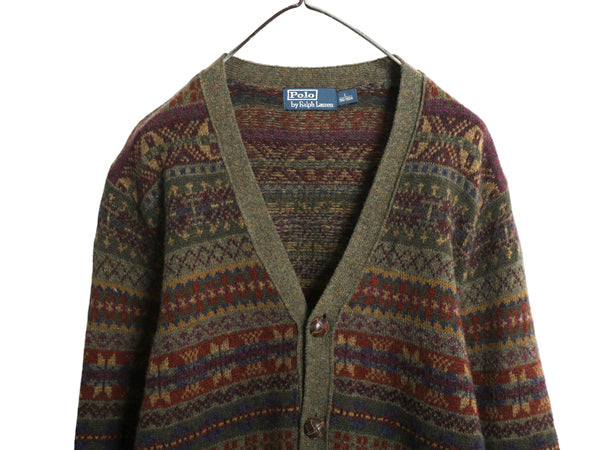 ポロ ラルフローレン フェアアイル ニット カーディガン メンズ L 古着 前開き 羽織り ウール ノルディック 総柄 ポケット付き カジュアル