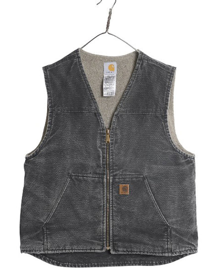 US企画 カーハート ダック ベスト メンズ L / 古着 フルジップ ワーク 裏 ボア パイル フリース 前開き 重ね着 廃盤 ワンポイント ブラック