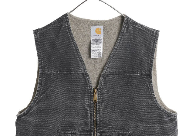 US企画 カーハート ダック ベスト メンズ L / 古着 フルジップ ワーク 裏 ボア パイル フリース 前開き 重ね着 廃盤 ワンポイント ブラック