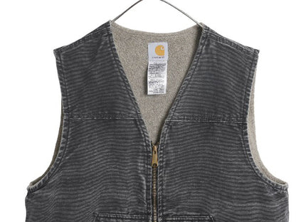 US企画 カーハート ダック ベスト メンズ L / 古着 フルジップ ワーク 裏 ボア パイル フリース 前開き 重ね着 廃盤 ワンポイント ブラック