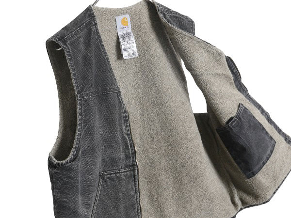 US企画 カーハート ダック ベスト メンズ L / 古着 フルジップ ワーク 裏 ボア パイル フリース 前開き 重ね着 廃盤 ワンポイント ブラック