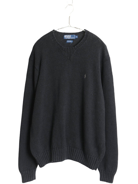 00s ポロ ラルフローレン ニット セーター メンズ XL / オールド リネン コットン 前V クルーネック ワンポイント ポニー 大きいサイズ 黒