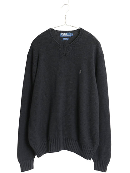 00s ポロ ラルフローレン ニット セーター メンズ XL / オールド リネン コットン 前V クルーネック ワンポイント ポニー 大きいサイズ 黒