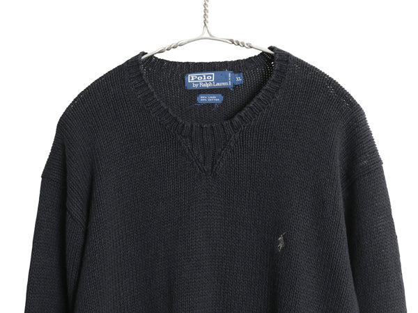 00s ポロ ラルフローレン ニット セーター メンズ XL / オールド リネン コットン 前V クルーネック ワンポイント ポニー 大きいサイズ 黒