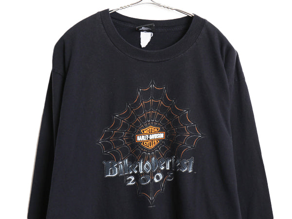 00s ★ ハーレー ダビッドソン 4面 プリント 長袖 Tシャツ メンズ L オールド ロンT バイク スパイダーウェブ グラフィック 袖プリント 黒