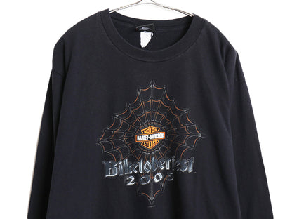 00s ★ ハーレー ダビッドソン 4面 プリント 長袖 Tシャツ メンズ L オールド ロンT バイク スパイダーウェブ グラフィック 袖プリント 黒