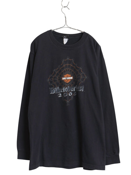00s ★ ハーレー ダビッドソン 4面 プリント 長袖 Tシャツ メンズ L オールド ロンT バイク スパイダーウェブ グラフィック 袖プリント 黒
