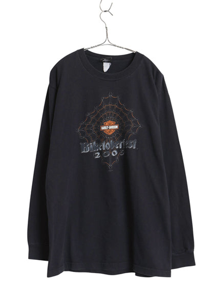 00s ★ ハーレー ダビッドソン 4面 プリント 長袖 Tシャツ メンズ L オールド ロンT バイク スパイダーウェブ グラフィック 袖プリント 黒