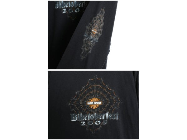 00s ★ ハーレー ダビッドソン 4面 プリント 長袖 Tシャツ メンズ L オールド ロンT バイク スパイダーウェブ グラフィック 袖プリント 黒