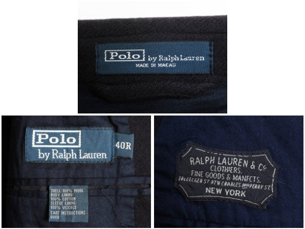 90s ポロ ラルフローレン メルトン テーラード ジャケット メンズ M 程/ 古着 オールド ブレザー ヘビーウェイト ウール ワンポイント 濃紺