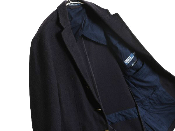 90s ポロ ラルフローレン メルトン テーラード ジャケット メンズ M 程/ 古着 オールド ブレザー ヘビーウェイト ウール ワンポイント 濃紺