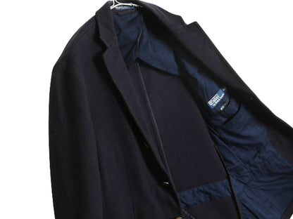 90s ポロ ラルフローレン メルトン テーラード ジャケット メンズ M 程/ 古着 オールド ブレザー ヘビーウェイト ウール ワンポイント 濃紺