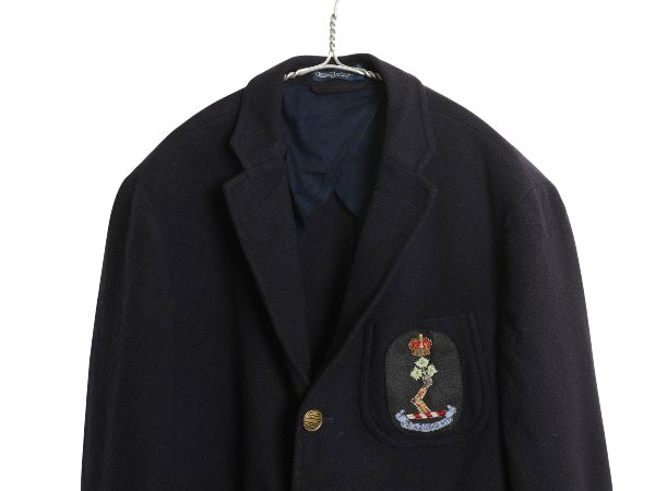 90s ポロ ラルフローレン メルトン テーラード ジャケット メンズ M 程/ 古着 オールド ブレザー ヘビーウェイト ウール ワンポイント 濃紺