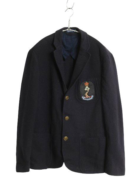 90s ポロ ラルフローレン メルトン テーラード ジャケット メンズ M 程/ 古着 オールド ブレザー ヘビーウェイト ウール ワンポイント 濃紺
