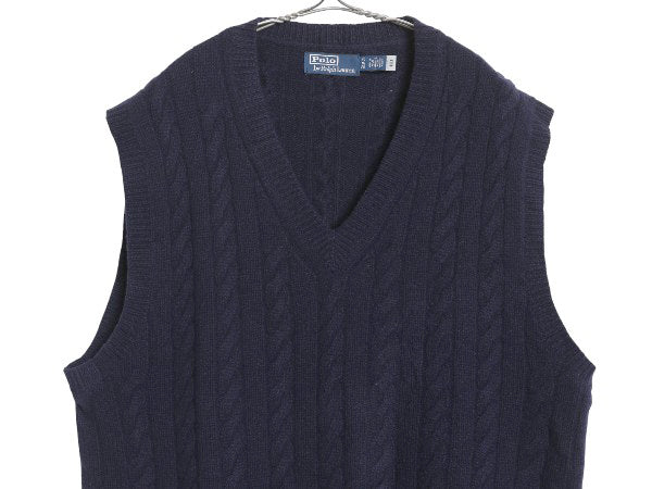 ポロ ラルフローレン Vネック ケーブル ニット ベスト メンズ XL / ウール カシミヤ セーター プルオーバー 大きいサイズ 重ね着 ネイビー