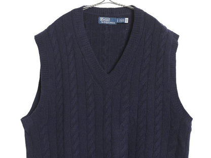 ポロ ラルフローレン Vネック ケーブル ニット ベスト メンズ XL / ウール カシミヤ セーター プルオーバー 大きいサイズ 重ね着 ネイビー