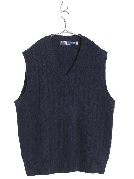 ポロ ラルフローレン Vネック ケーブル ニット ベスト メンズ XL / ウール カシミヤ セーター プルオーバー 大きいサイズ 重ね着 ネイビー