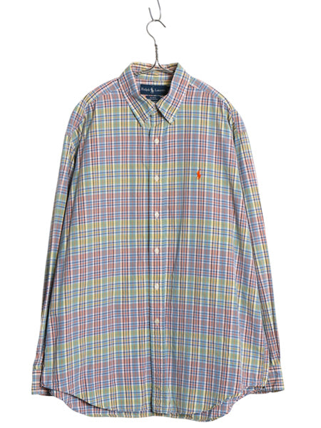 90s ラルフローレン チェック 長袖 ボタンダウン シャツ メンズ L オールド ポロ 長袖シャツ コットン ワンポイント マルチカラー 薄手 BD