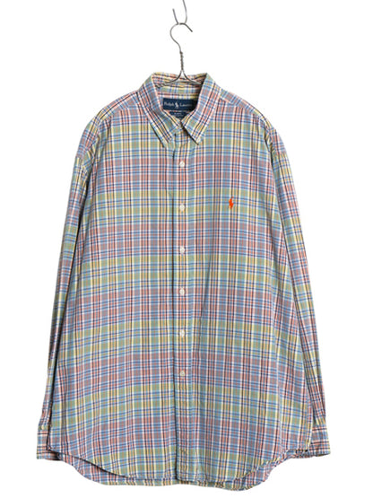 90s ラルフローレン チェック 長袖 ボタンダウン シャツ メンズ L オールド ポロ 長袖シャツ コットン ワンポイント マルチカラー 薄手 BD