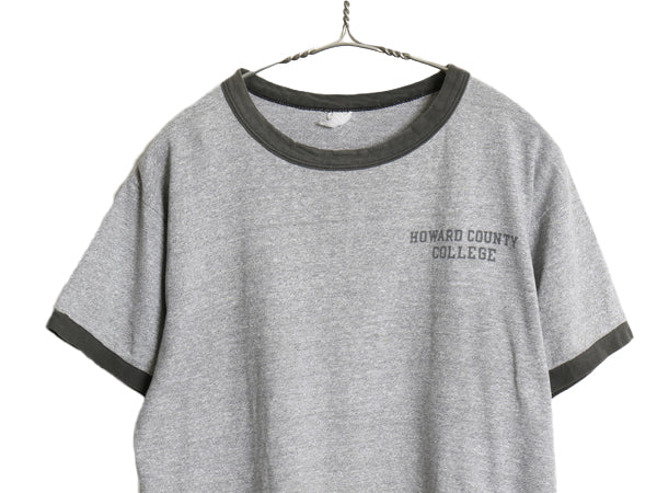 60s USA製 ★ チャンピオン 染込み カレッジ プリント リンガー Tシャツ メンズ L ヴィンテージ プロダクツタグ 霜降り グレー モノトーン