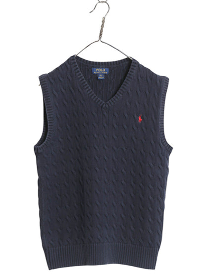 ポロ ラルフローレン Vネック ケーブル ニット ベスト キッズ XL メンズ S レディース M 程 コットン セーター 重ね着 ジレ ワンポイント