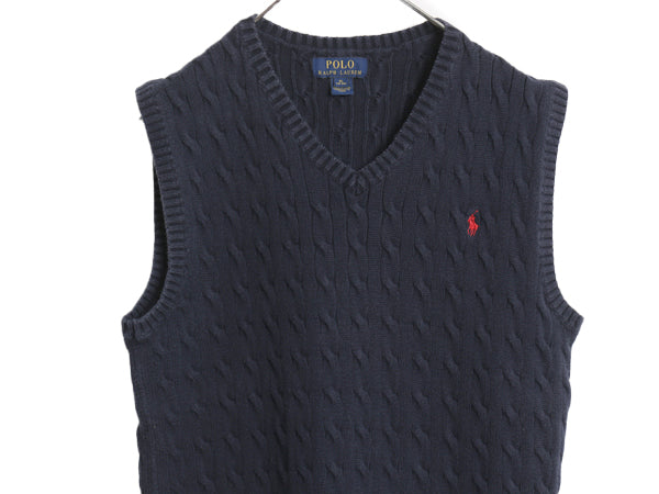 ポロ ラルフローレン Vネック ケーブル ニット ベスト キッズ XL メンズ S レディース M 程 コットン セーター 重ね着 ジレ ワンポイント