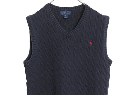 ポロ ラルフローレン Vネック ケーブル ニット ベスト キッズ XL メンズ S レディース M 程 コットン セーター 重ね着 ジレ ワンポイント