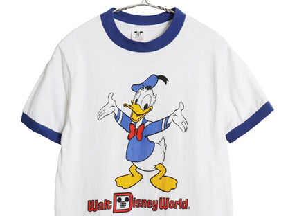 70s USA製 ドナルドダック 染込み プリント リンガー Tシャツ レディース S ヴィンテージ キャラクター ディズニー イラスト オフィシャル