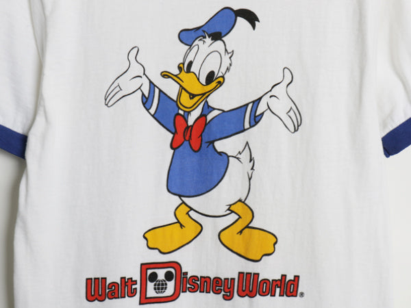 70s USA製 ドナルドダック 染込み プリント リンガー Tシャツ レディース S ヴィンテージ キャラクター ディズニー イラスト オフィシャル