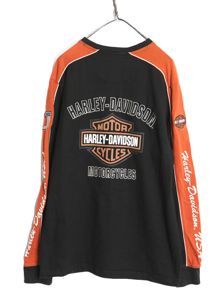 ハーレー ダビッドソン 4面 ロゴ 長袖 Tシャツ メンズ L 古着 バイク ロンT ヘビーウェイト リブ編み ロングスリーブ オフィシャル NO1 黒