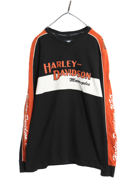 ハーレー ダビッドソン 4面 ロゴ 長袖 Tシャツ メンズ L 古着 バイク ロンT ヘビーウェイト リブ編み ロングスリーブ オフィシャル NO1 黒