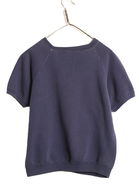 70s ★ ラグラン 半袖 スウェット メンズ S レディース M 程/ 古着 ヴィンテージ 無地 スエット 裏起毛 トレーナー ナス紺 ネイビー 重ね着
