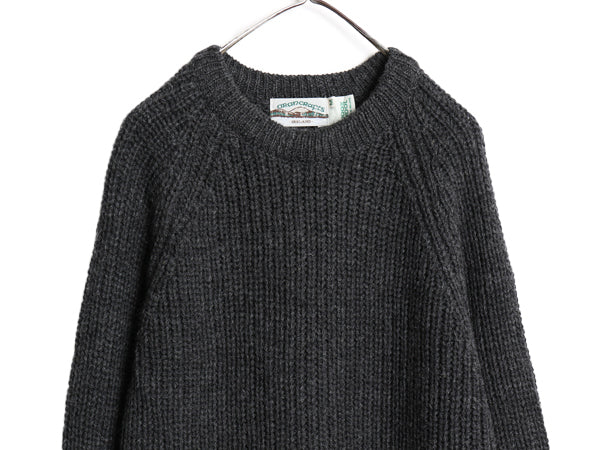 アイルランド製 ★ aran crafts ウール チャンキー ニット セーター メンズ M / リブ編み 無地 ローゲージ クルーネック チャコール グレー