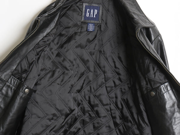 90s オールド ギャップ 本革 レザー ジャケット メンズ L 古着 紺タグ 革ジャン 中綿 キルティング スイングトップ シングル ライダース 黒