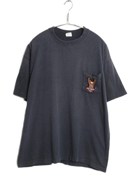 80s USA製 ポケット付き 半袖 Tシャツ メンズ XL 小さめ L 程/ ヴィンテージ ハーレー ダビッドソン ワッペン ポケT シングルステッチ 黒