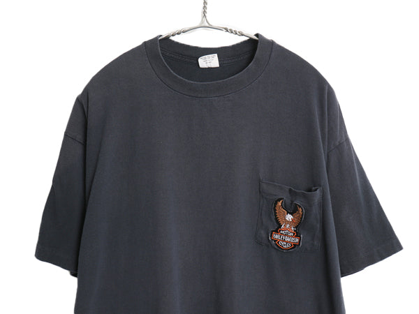 80s USA製 ポケット付き 半袖 Tシャツ メンズ XL 小さめ L 程/ ヴィンテージ ハーレー ダビッドソン ワッペン ポケT シングルステッチ 黒