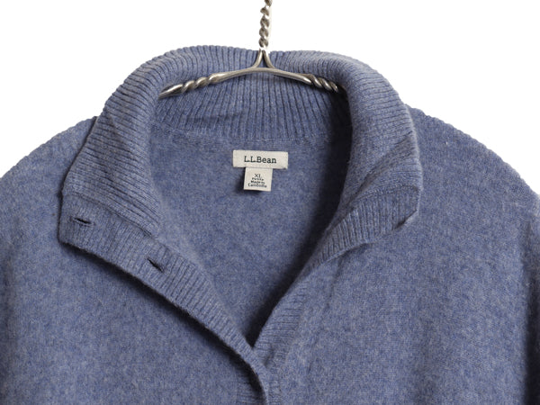 エルエルビーン ニット カーディガン レディース XL 小さめ 古着 100% カシミヤ 重ね着 前開き ハイネック セーター シンプル 無地 ブルー